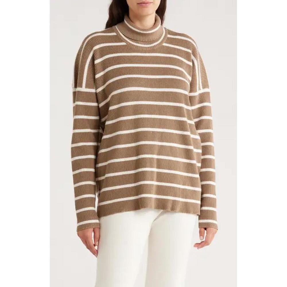 NWT! Splendid x Cella Jane Stripe Ribbed Turtleneck Sweater Snow/Toast Size XS